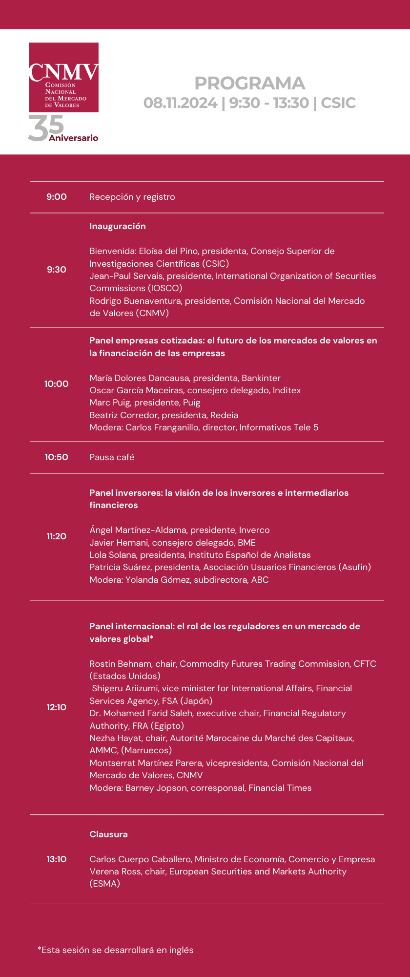 programa de la jornada del 35 aniversario de la cnmv